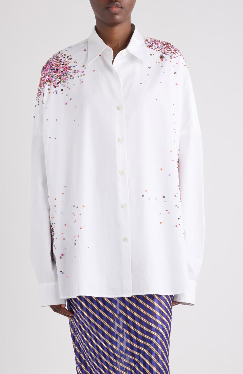 Dries Van Noten Cenver Firework Embroidered Cotton Poplin Button-Up Shirt, Main, color, White