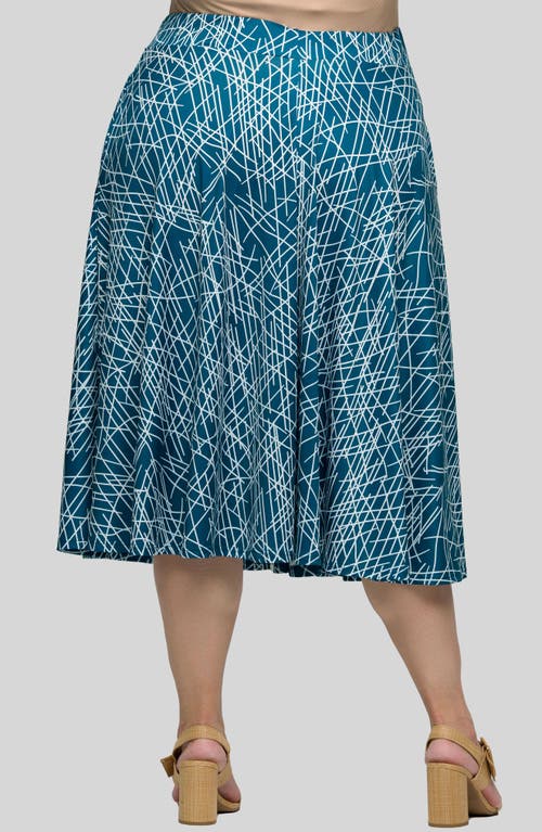 24seven Comfort Apparel Plus Size Print Elastic Waist Pocket Midi Skirt In Teal Multi