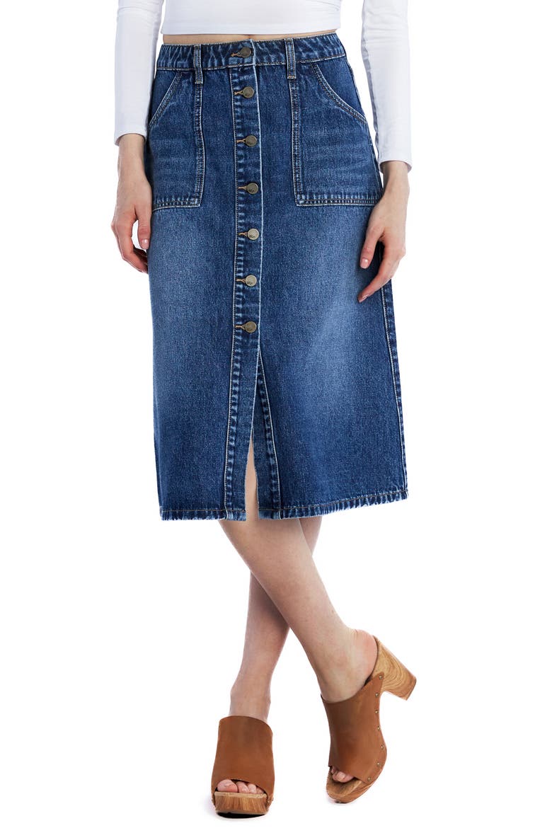 Button Front A-Line Denim Skirt, Main, color, DEEP SEA BLUE