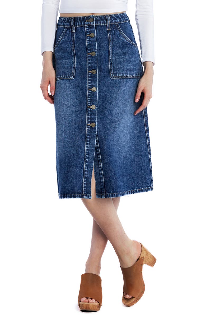 Wash Lab Denim Button Front A-Line Denim Skirt, Main, color, Deep Sea Blue