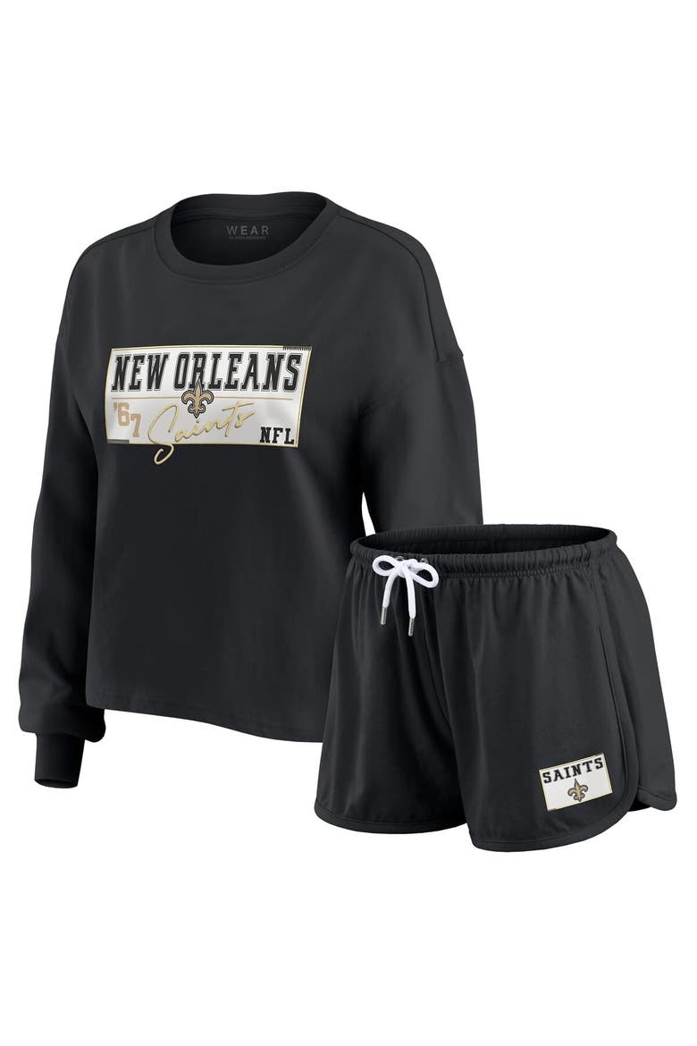 Women's WEAR by Erin Andrews Black New Orleans Saints Heavy Rugby Jersey Long Sleeve T-Shirt & Shorts Lounge Set, Main, color, Black