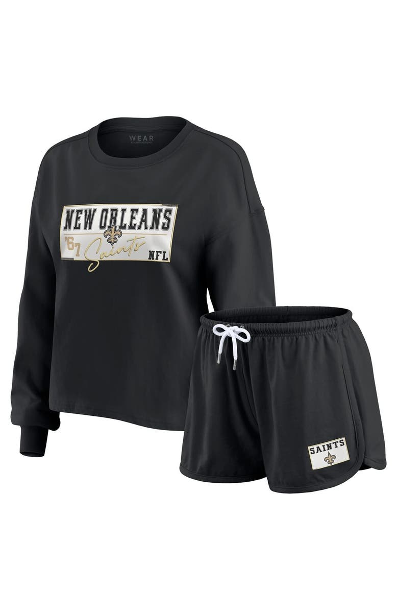 WEAR by Erin Andrews Women's WEAR by Erin Andrews Black New Orleans Saints Heavy Rugby Jersey Long Sleeve T-Shirt & Shorts Lounge Set, Main, color, Black