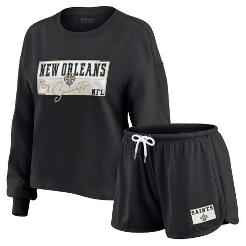 Women's WEAR by Erin Andrews Black New Orleans Saints Heavy Rugby Jersey Long Sleeve T-Shirt & Shorts Lounge Set