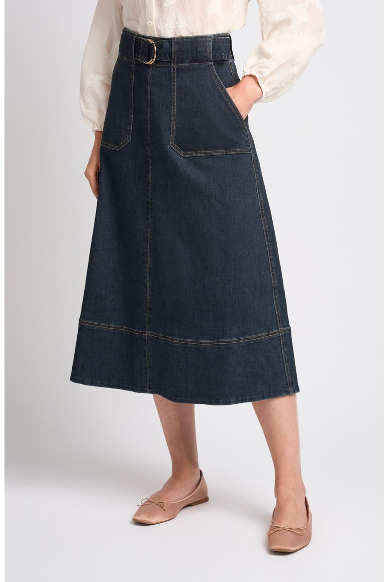 Kay High Waist Belted Midi Denim Skirt, Main, color, INDIGO NIGHT