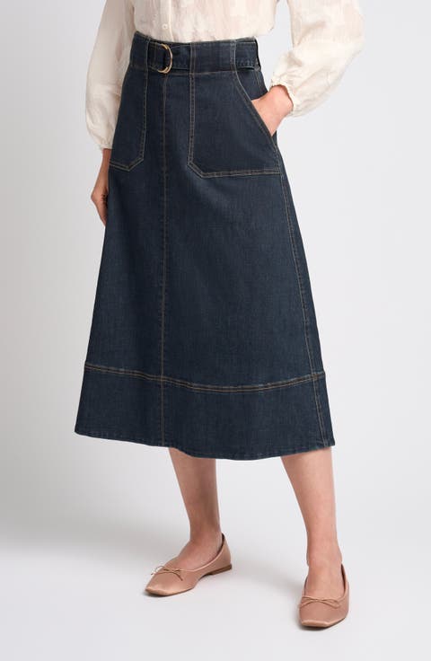 Kay High Waist Belted Midi Denim Skirt