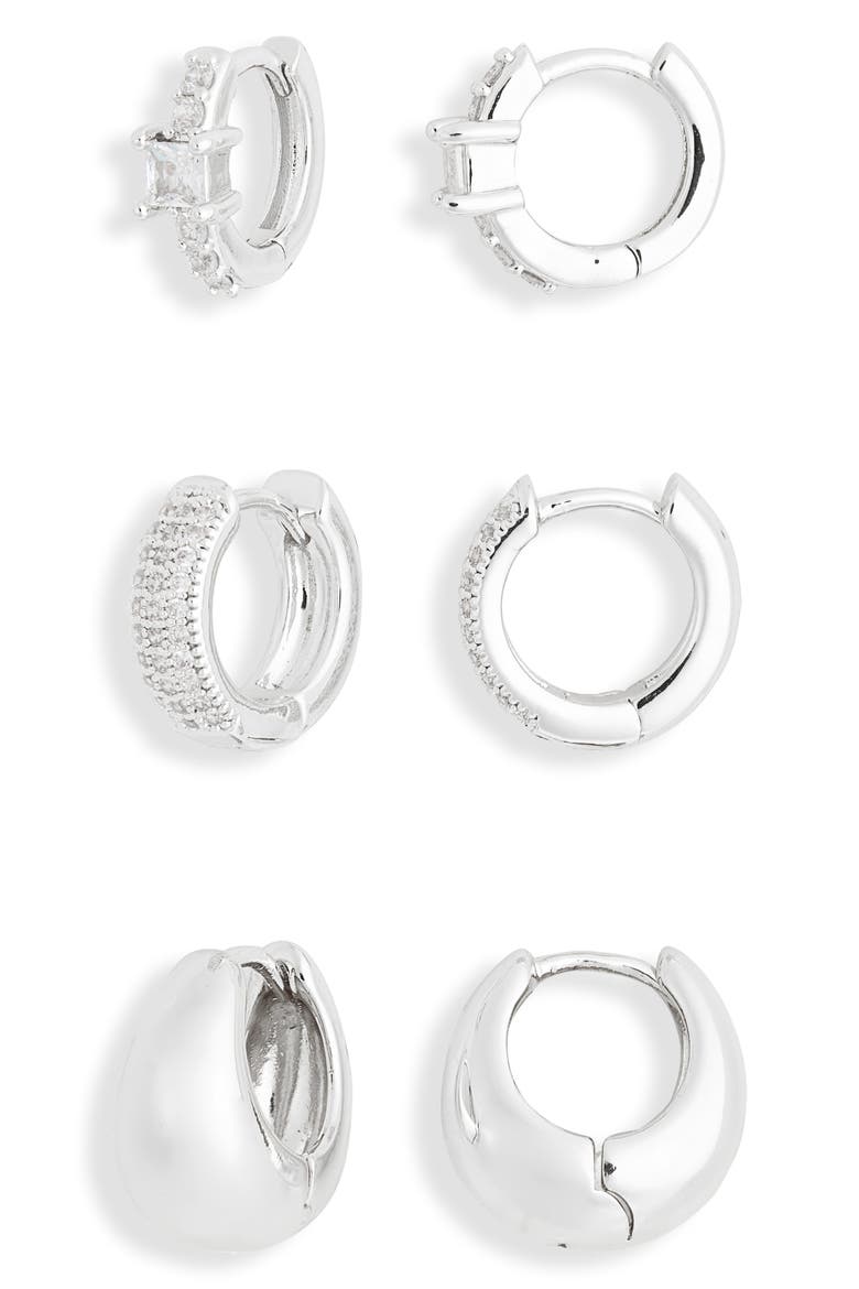 3-Pack Mixed CZ Huggie Hoop Earrings, Main, color, CLEAR- SILVER