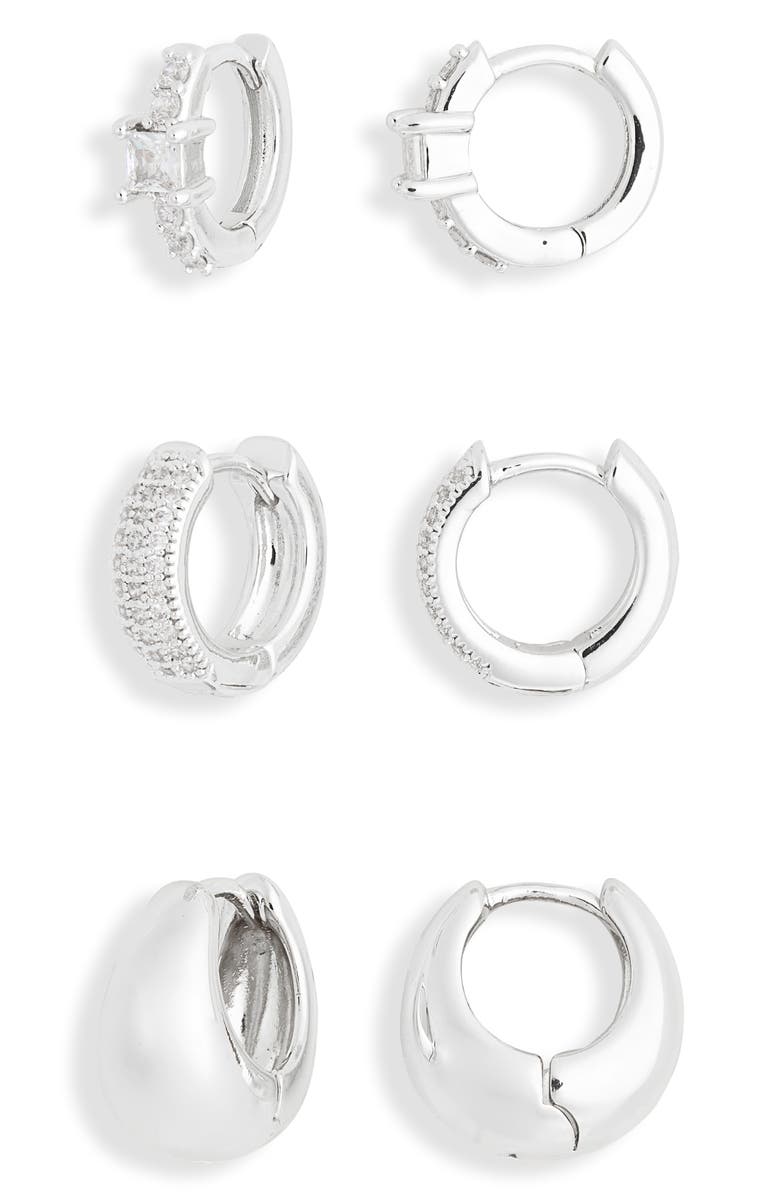 NORDSTROM RACK 3-Pack Mixed CZ Huggie Hoop Earrings, Main, color, Clear- Silver