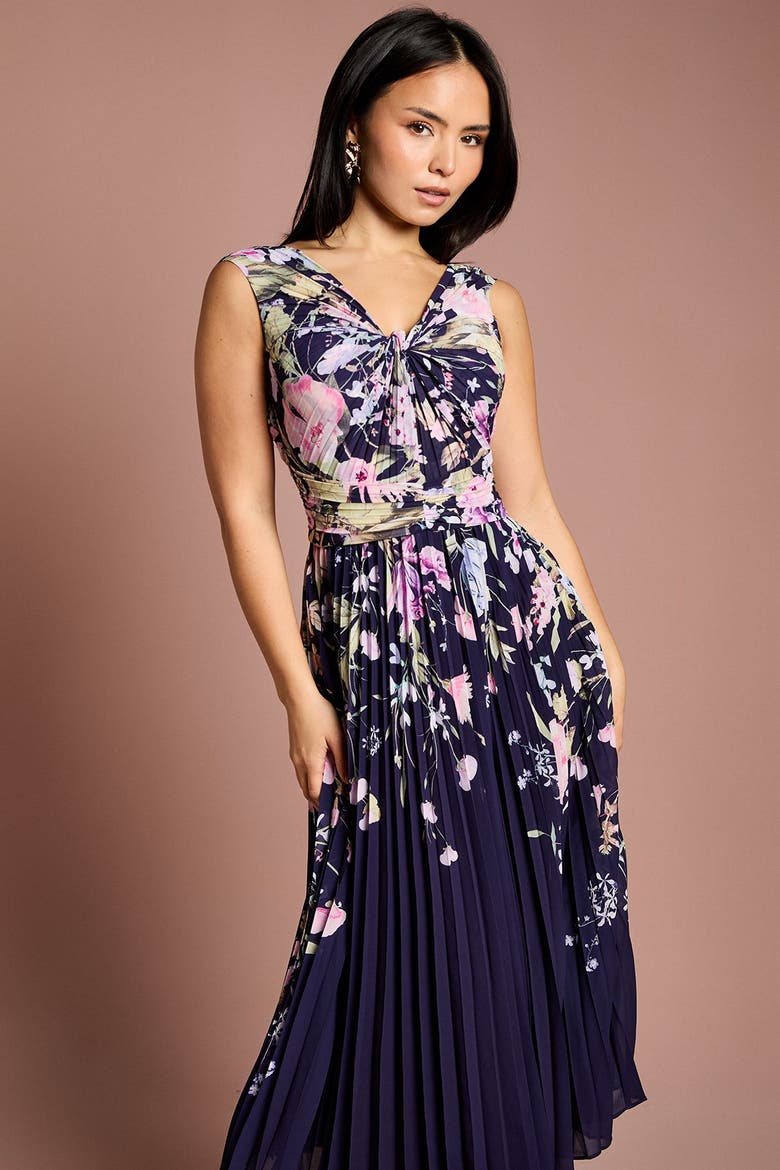 Petite Twist Front Printed Midi Dress, Alternate, color, Navy