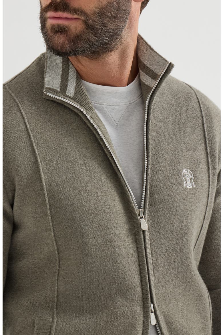 Cashmere double knit cardigan with zipper and logo, Alternate, color, Military