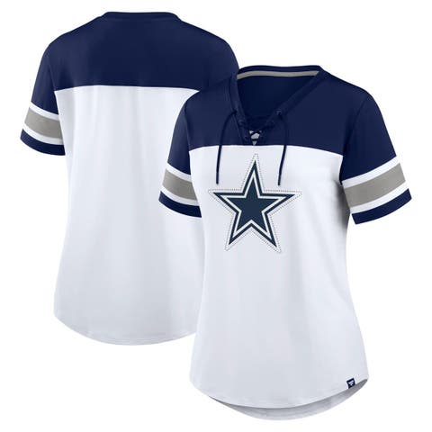 Women's Fanatics White/Navy Dallas Cowboys Athena Rhinestone Lace-Up V-Neck T-Shirt
