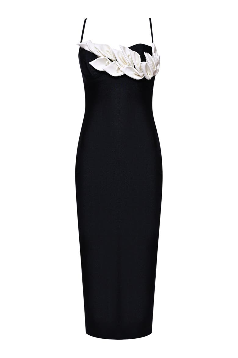 Selene Mesh Flower Applique Midi Dress, Alternate, color, BLACK
