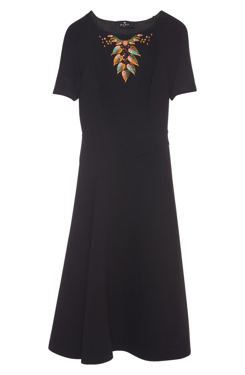 Etro Leaf Embroidered Short Sleeve Virgin Wool Midi Dress, Alternate, color, 