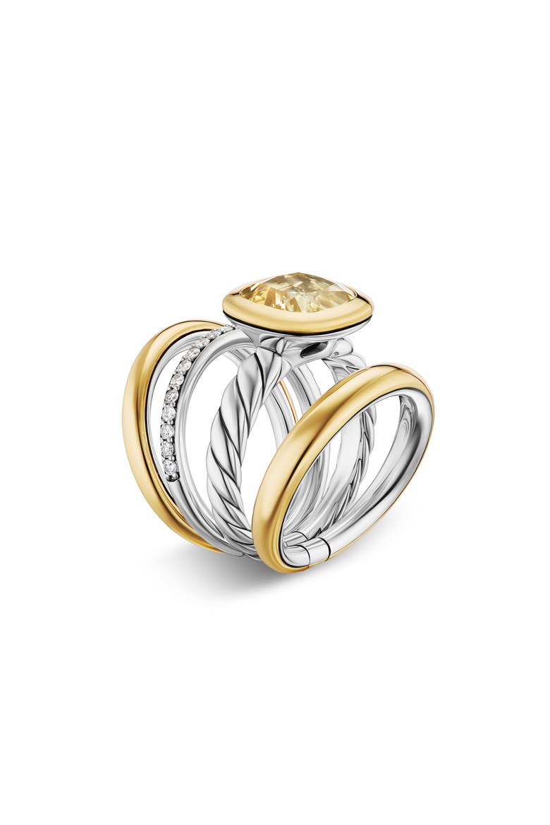 DY Mercer® Four Row Stone Ring in Sterling Silver with 18K Yellow Gold, Champagne Citrine & Diamonds, 14mm, Alternate, color, CHAMPAGNE CITRINE