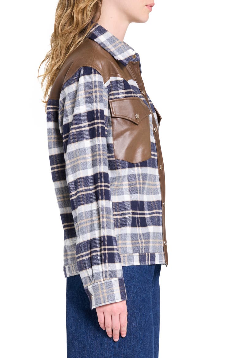 Waylon Leather Trim Plain Flannel Western Shirt, Alternate, color, MIDNIGHT/ BONE/ TOBACC