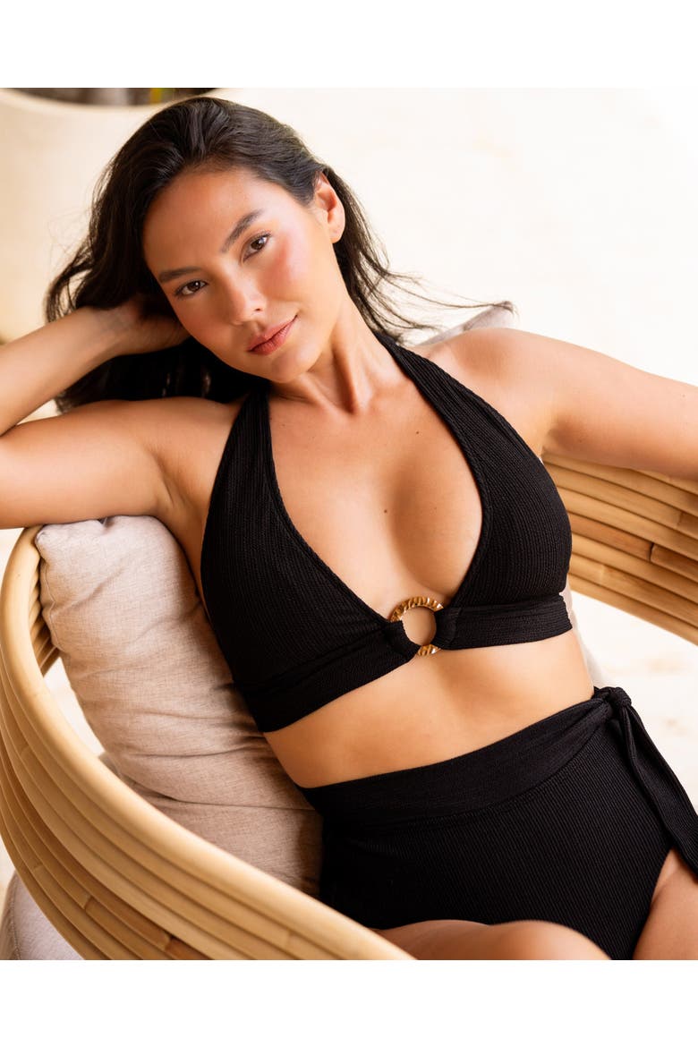 Side Tie High Waist Bikini Bottom with Full Coverage, Alternate, color, Black Texture