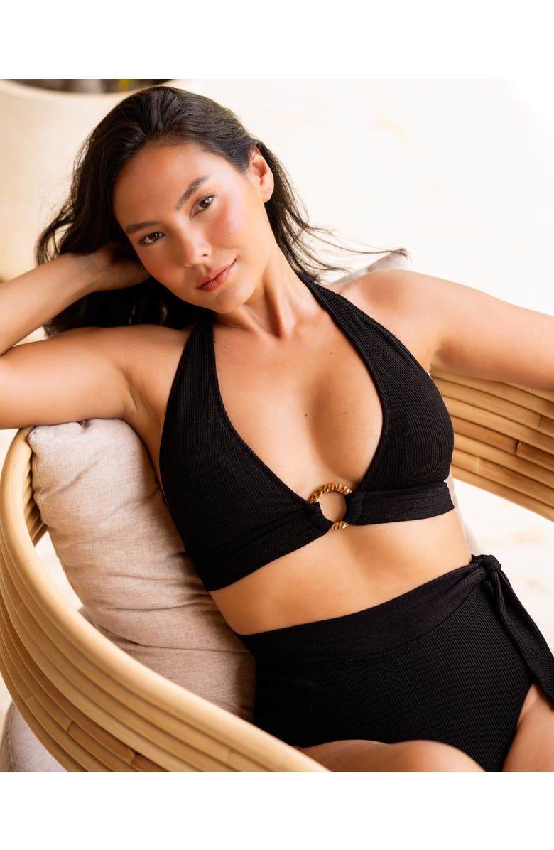 Change of Scenery Side Tie High Waist Bikini Bottom with Full Coverage, Alternate, color, Black Texture