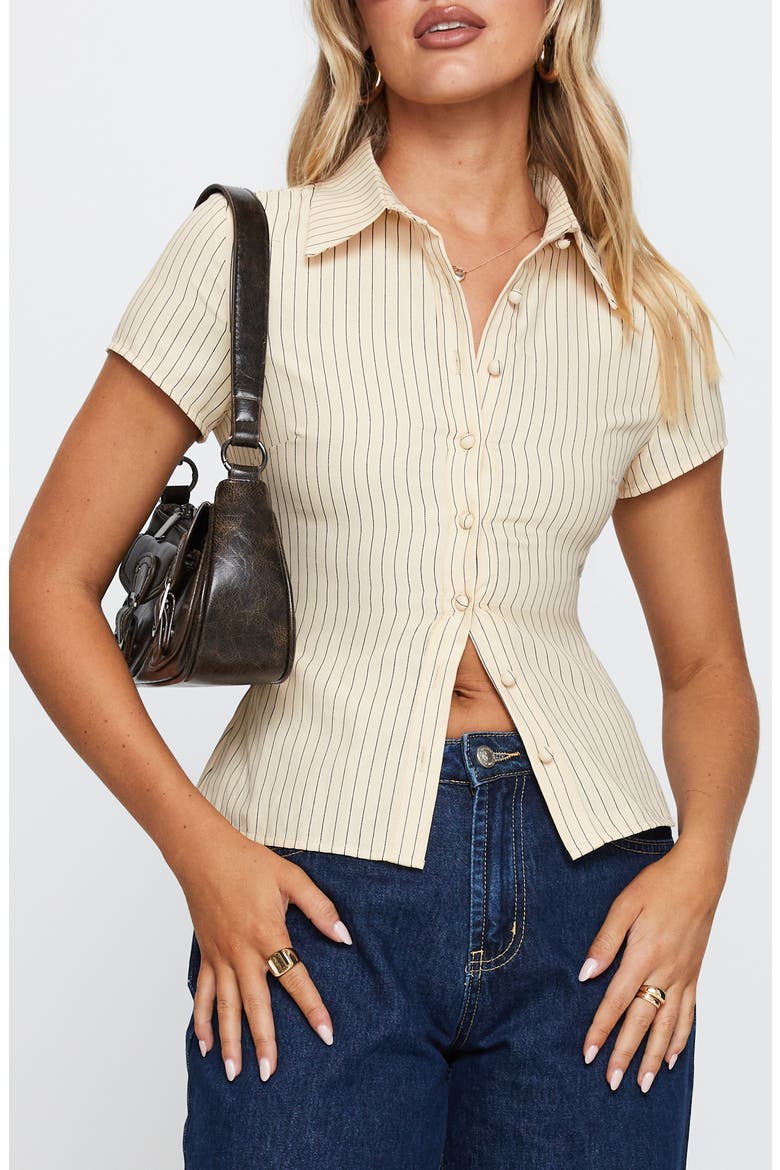 Lift Off Pinstripe Button-Up Shirt, Main, color, CREAM / NAVY STRIPE