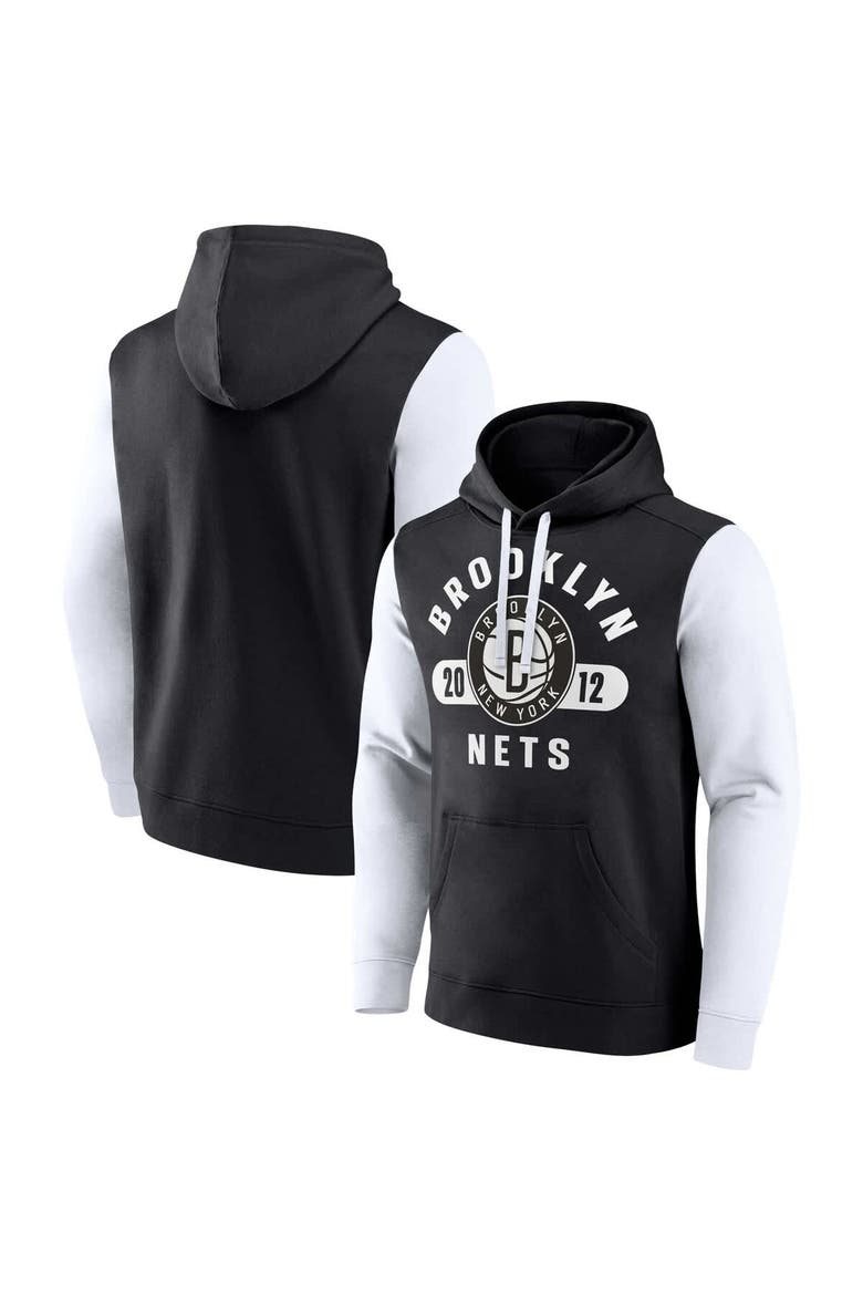 Men's Fanatics Black/White Brooklyn Nets Attack Colorblock Pullover Hoodie, Main, color, Black