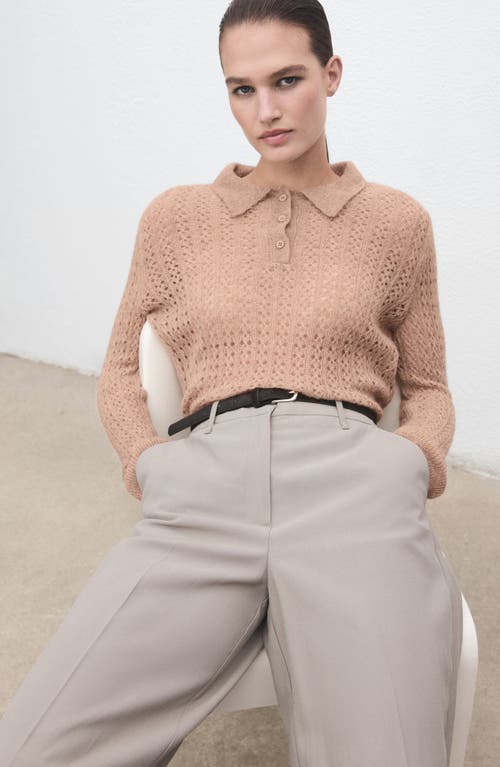 Mango Openwork Knit Polo In Brown