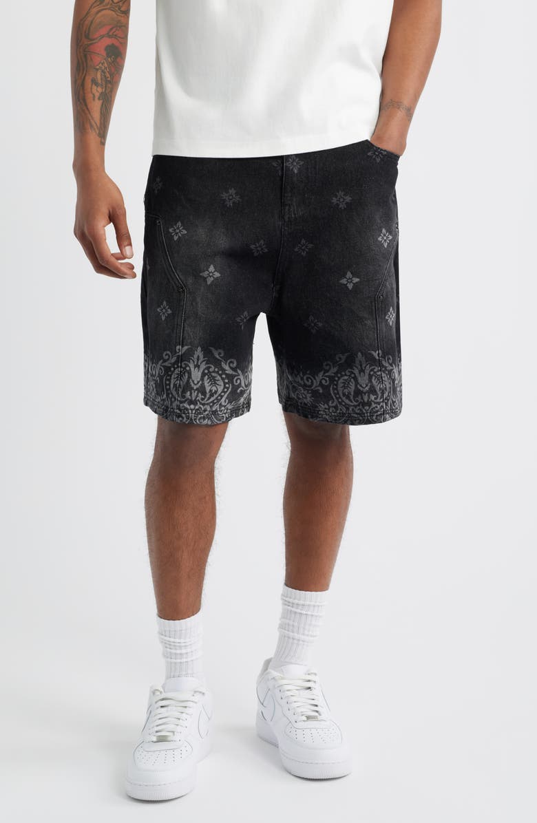 CRIMINAL DAMAGE Laser Print Denim Shorts, Main, color, 