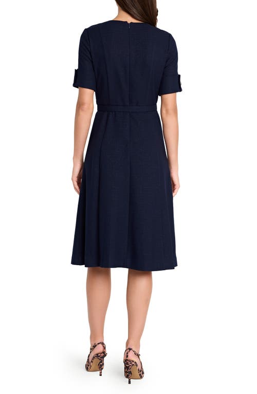 Tahari Asl Belted Metallic Bouclé Dress In Blue
