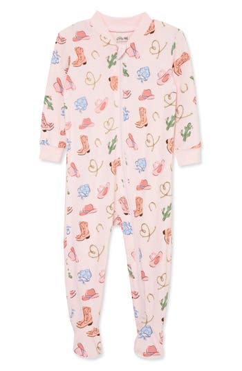Little Me Cowgirl Print Zip Front Footie In Pink