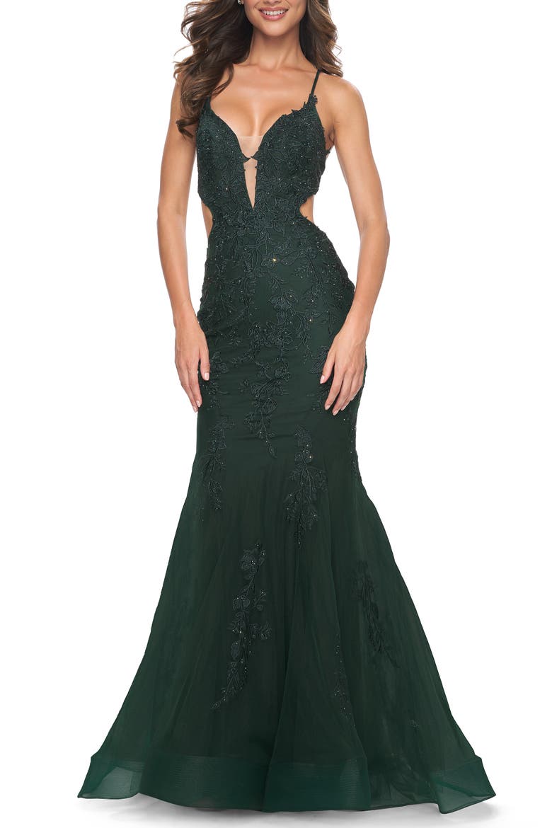 Lace and Tulle Mermaid Gown with Side Cut Outs in Jewel Tones, Alternate, color, Dark Emerald