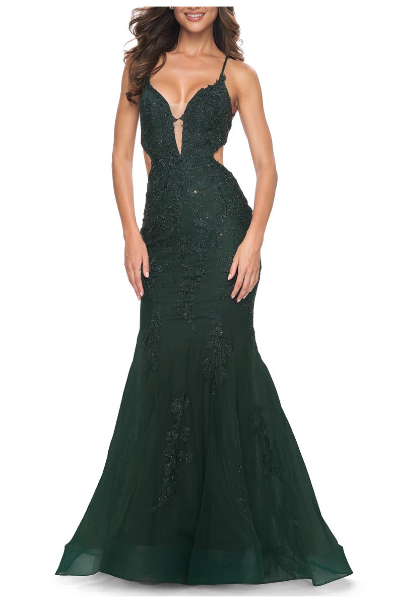 La Femme Lace and Tulle Mermaid Gown with Side Cut Outs in Jewel Tones, Alternate, color, Dark Emerald