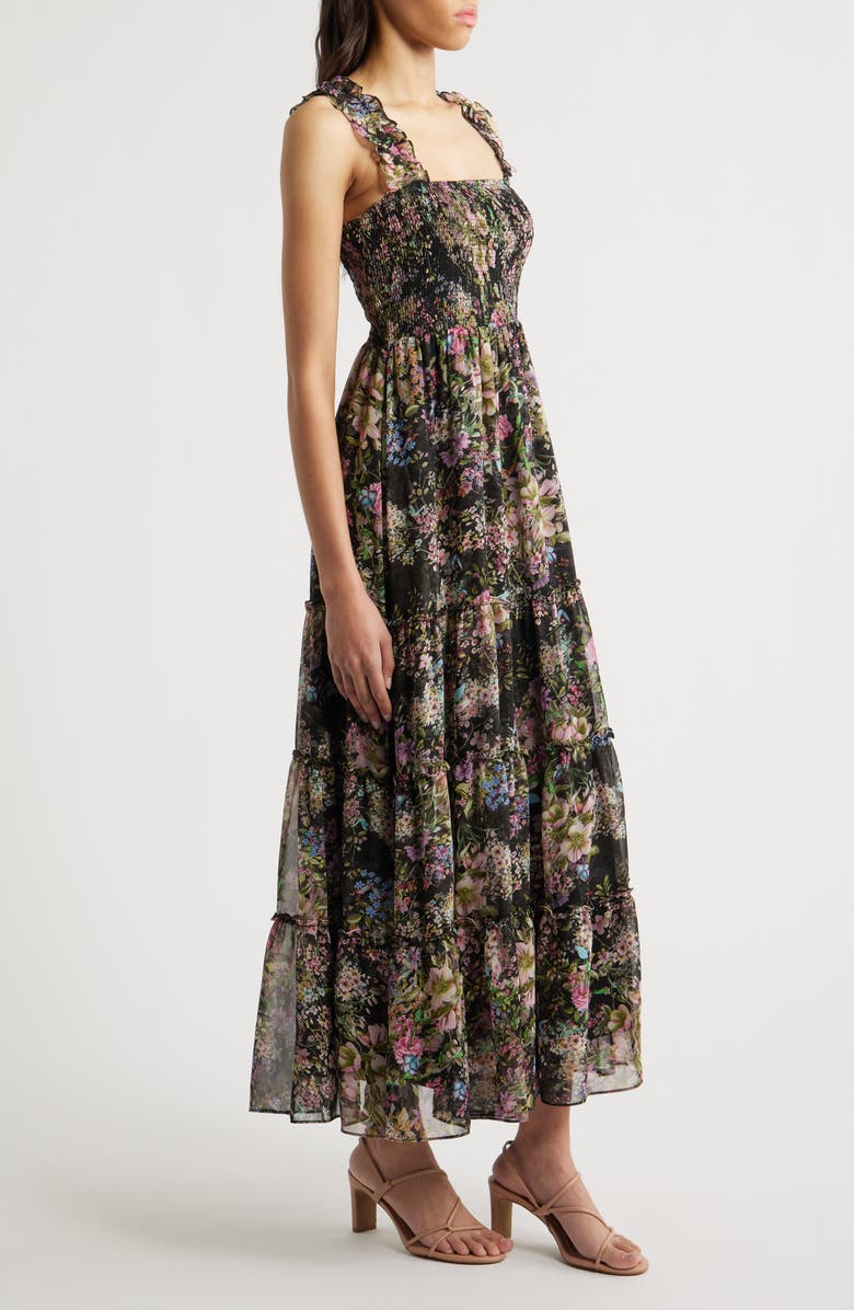 Lucy Paris Dylan Floral Smock Bodice Maxi Dress, Alternate, color, Black Floral