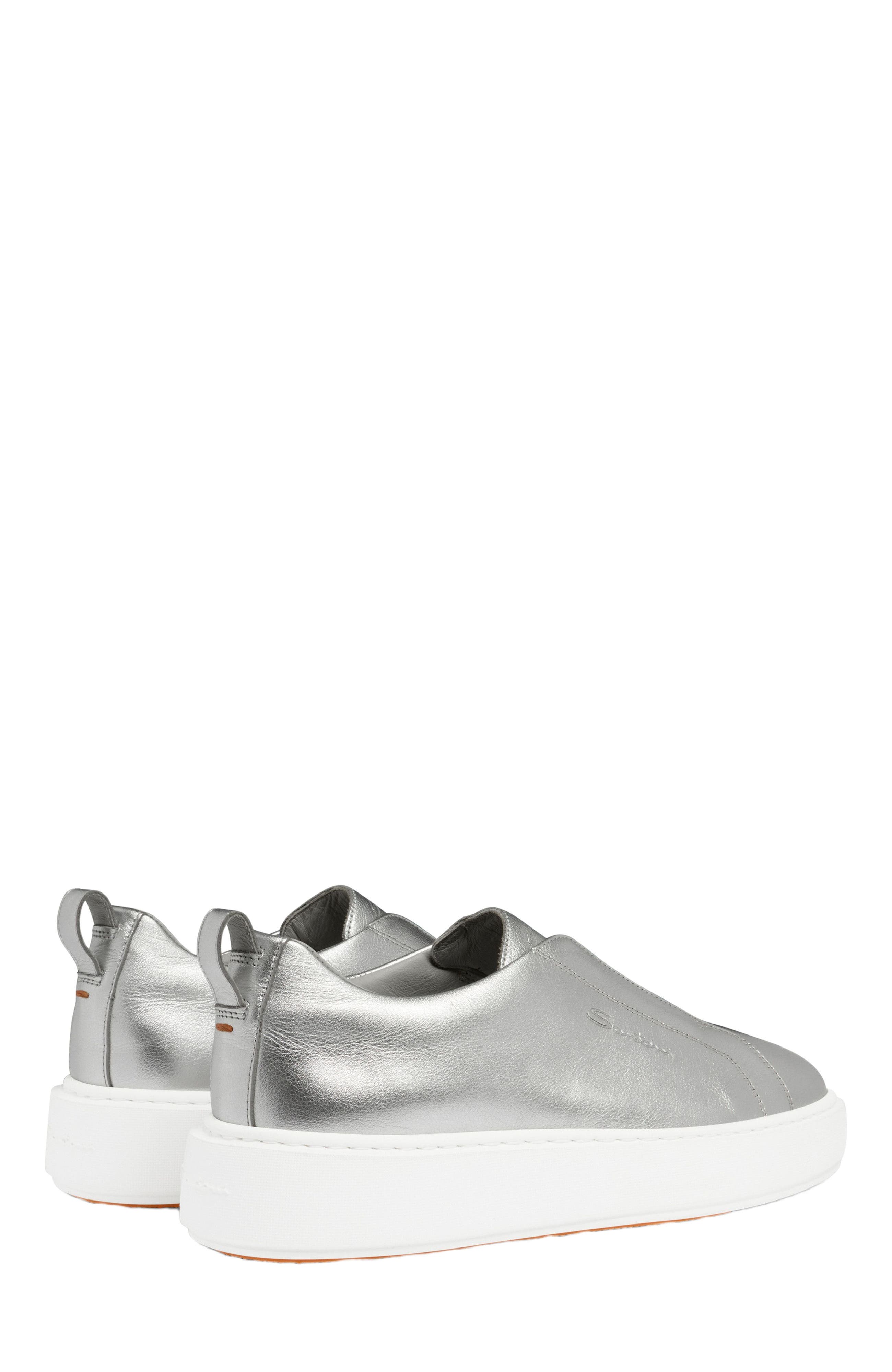 Santoni Women
s silver laminated leather slip-on sneaker, Alternate, color, Silver