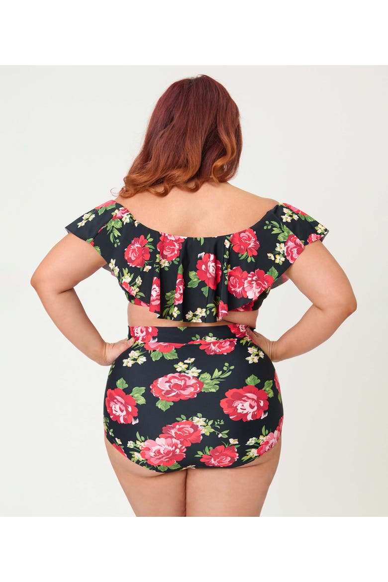 Plus Size Ruffled Ramona Swim Top, Alternate, color, Black Cabbage Rose Print