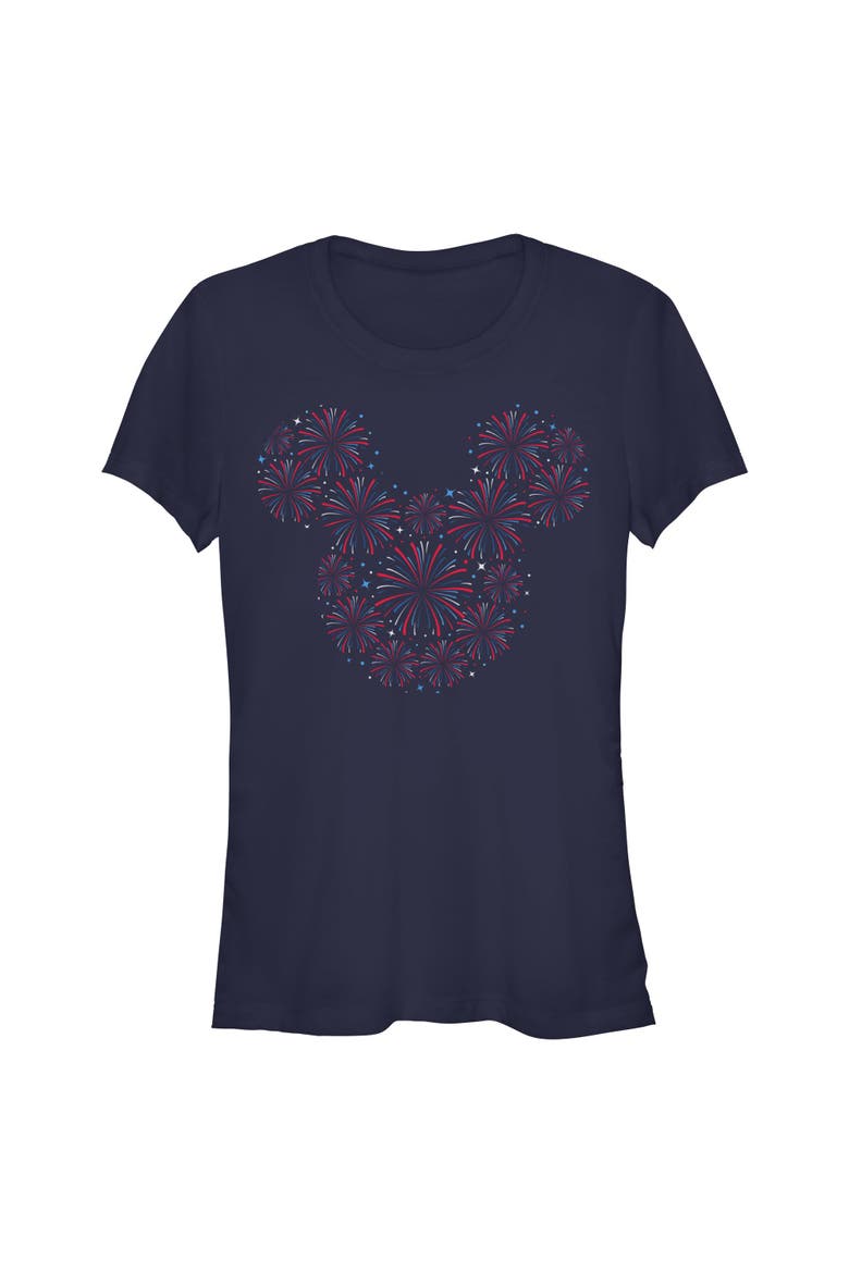 Junior's Mickey & Friends Fireworks Logo  Graphic T-Shirt, Main, color, Navy Blue