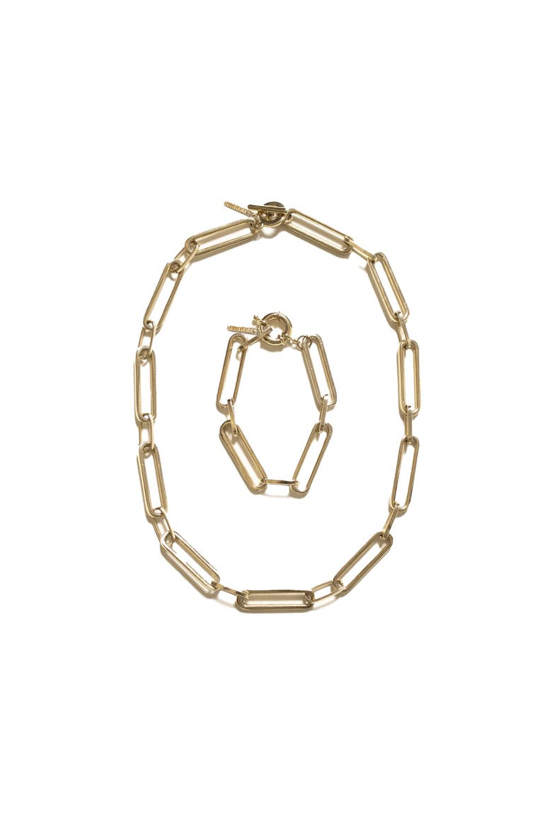 Paperclip Gold Chain Necklace Bracelet Set, Main, color, Gold