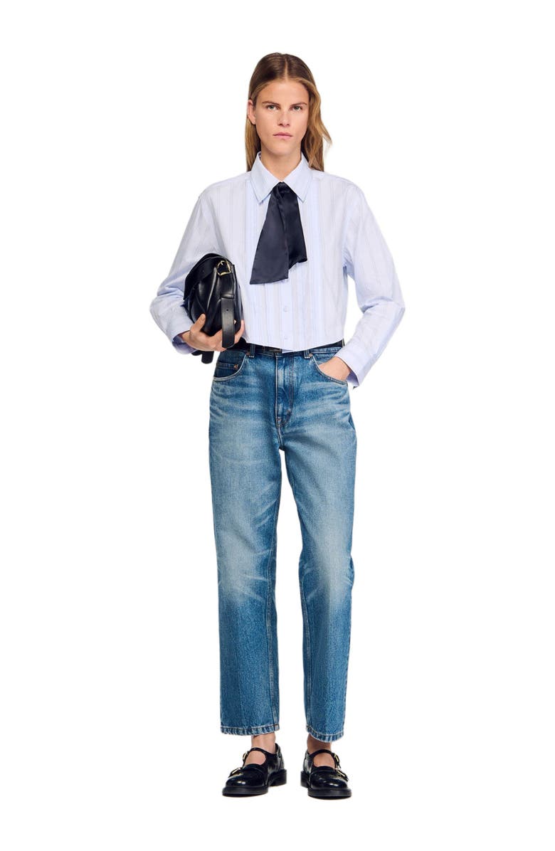SANDRO Cropped shirt with removable tie, Main, color, Sky Blue