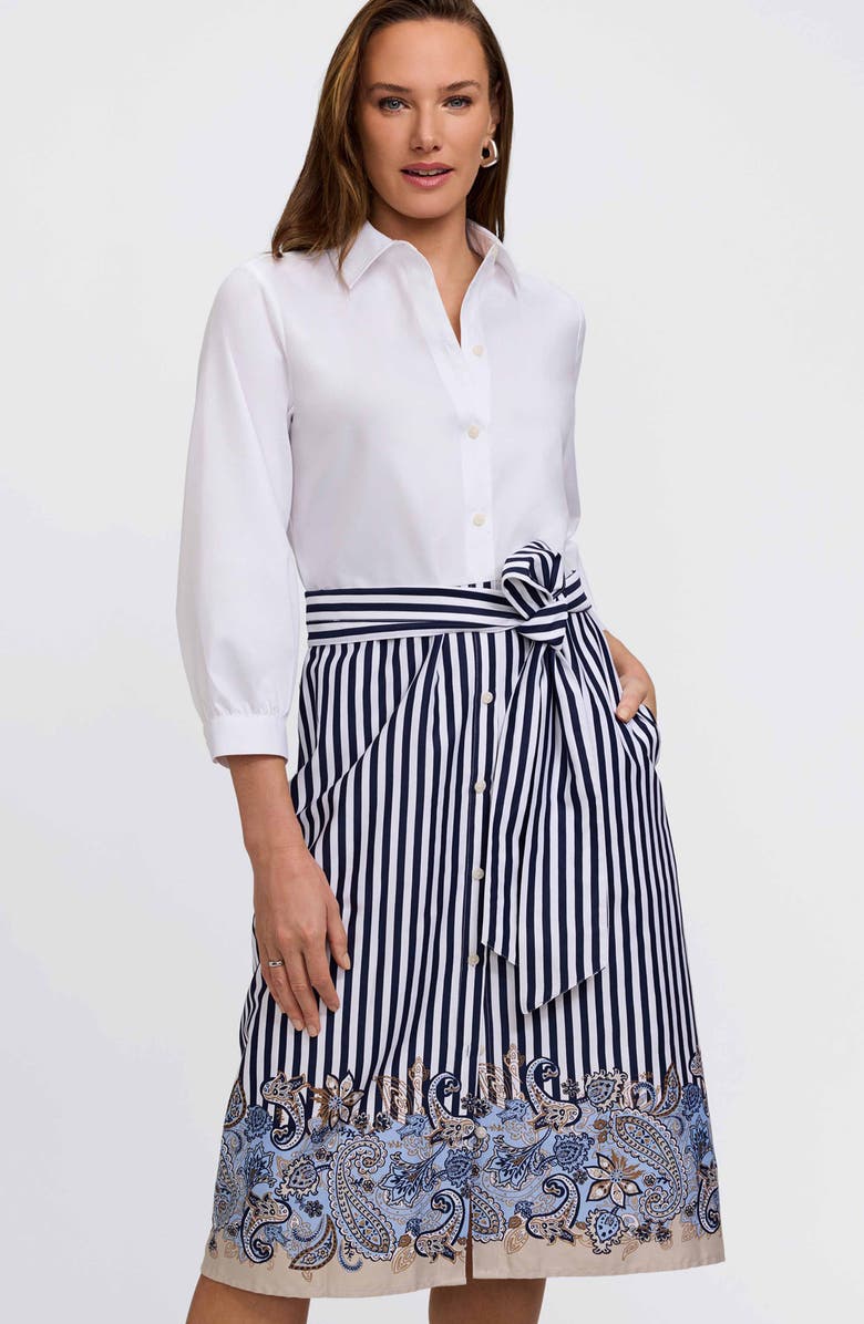 Foxcroft Esther Tie Waist Midi Shirtdress, Alternate, color, Blue/ White