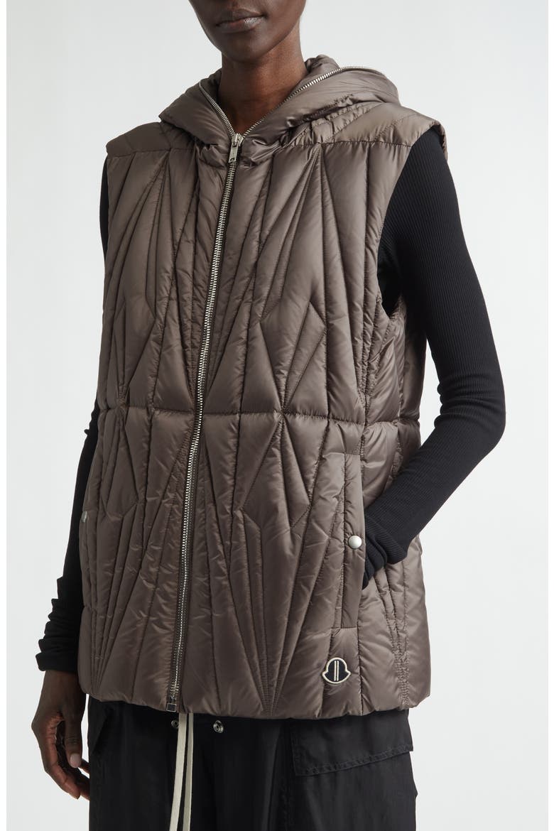 x Rick Owens Geocamo Ziplock Hooded Down Vest, Alternate, color, OLIVE GREEN