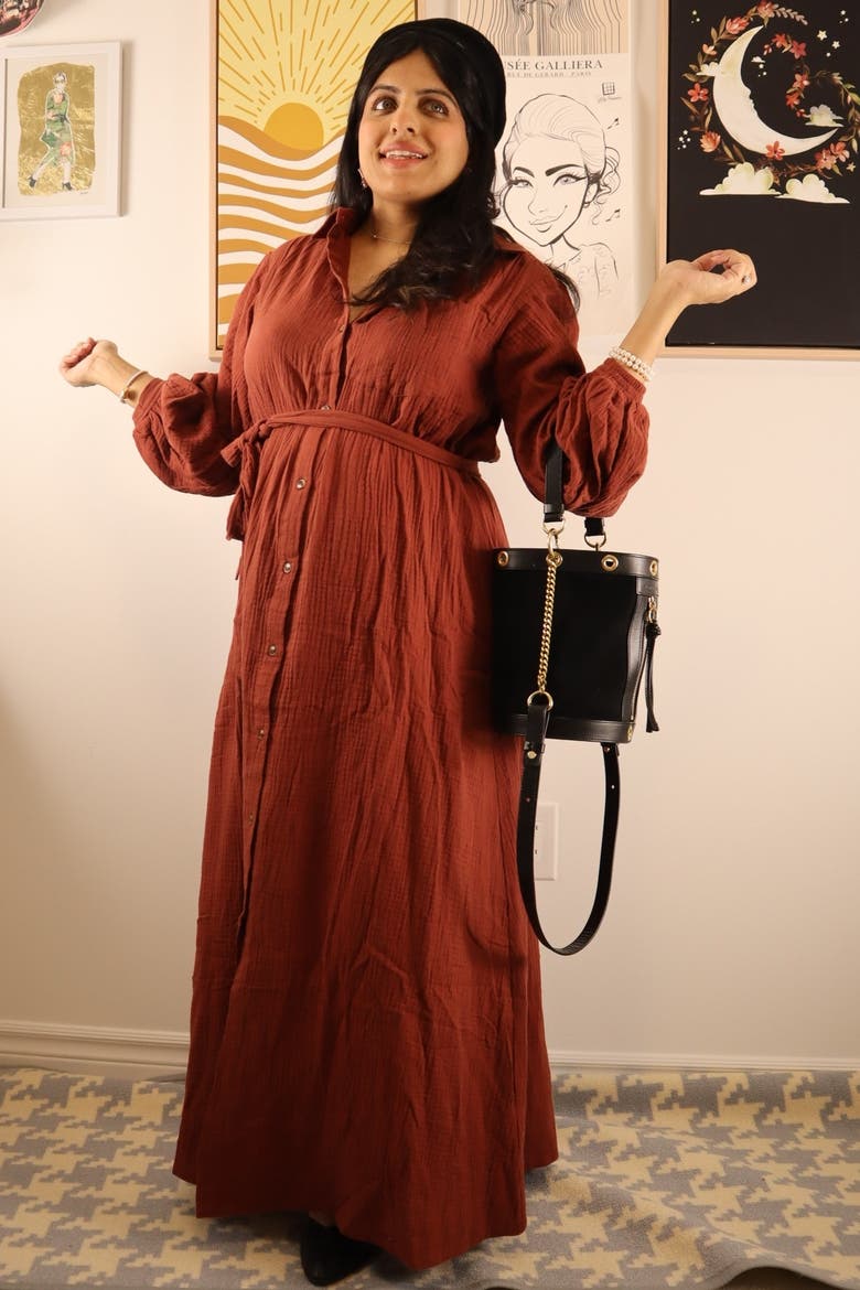 Gauze Belted Shirt Midi Dress, Alternate, color, Rust