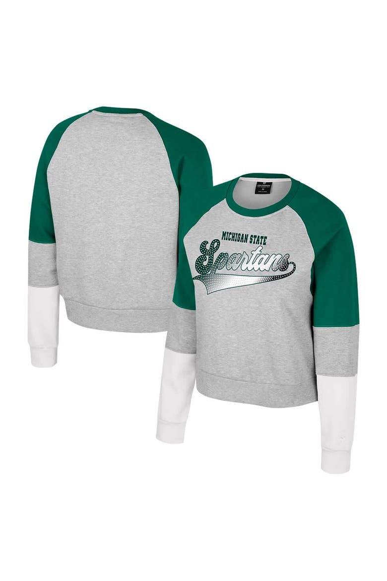 Girls Youth Colosseum Heather Gray Michigan State Spartans Katinka Rhinestone Pullover Sweatshirt, Main, color, Heather Gray