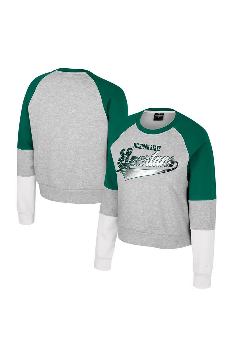 COLOSSEUM Girls Youth Colosseum Heather Gray Michigan State Spartans Katinka Rhinestone Pullover Sweatshirt, Main, color, Heather Gray