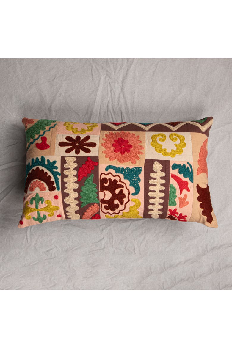Cotton Embroidered Patchwork Lumbar Pillow with Chambray Back, Multicolor, Alternate, color, Orange