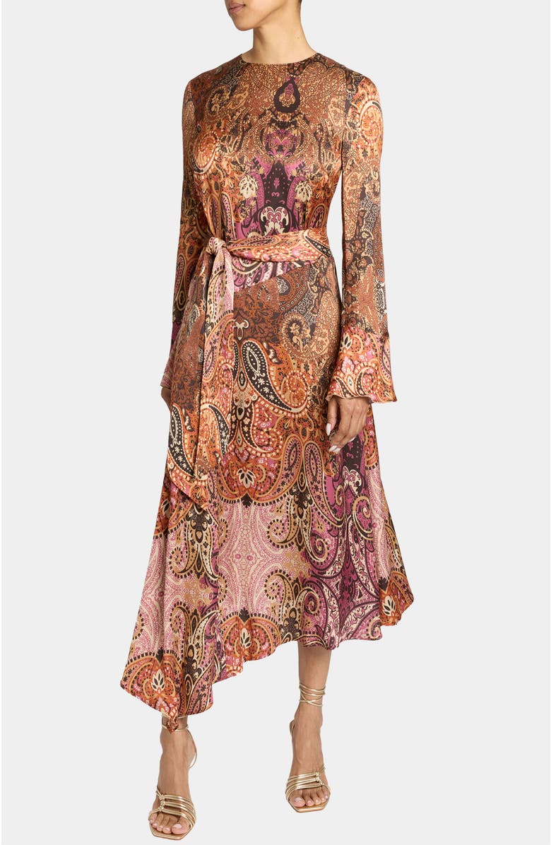 Santorelli Rachel Long Sleeve Asymmetric Midi Dress, Main, color, Chestnut Multi