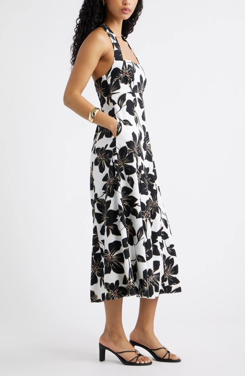 Open Edit Linen Blend Halter Midi Dress, Alternate, color, White- Black Trop Bloom