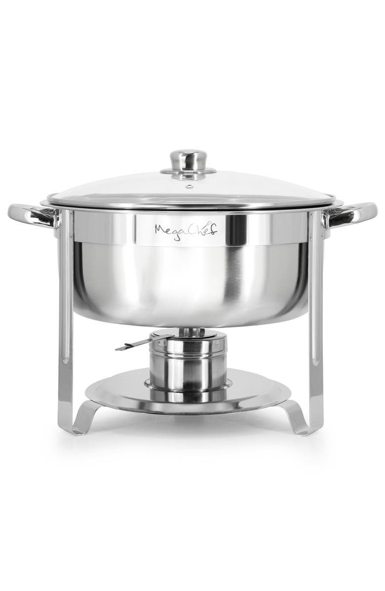 Megachef 7.9 Quart Round Stainless Steel Professional Chafing Dish/Food Warmer/Buffet Server Serving Trays, Alternate, color, Silver