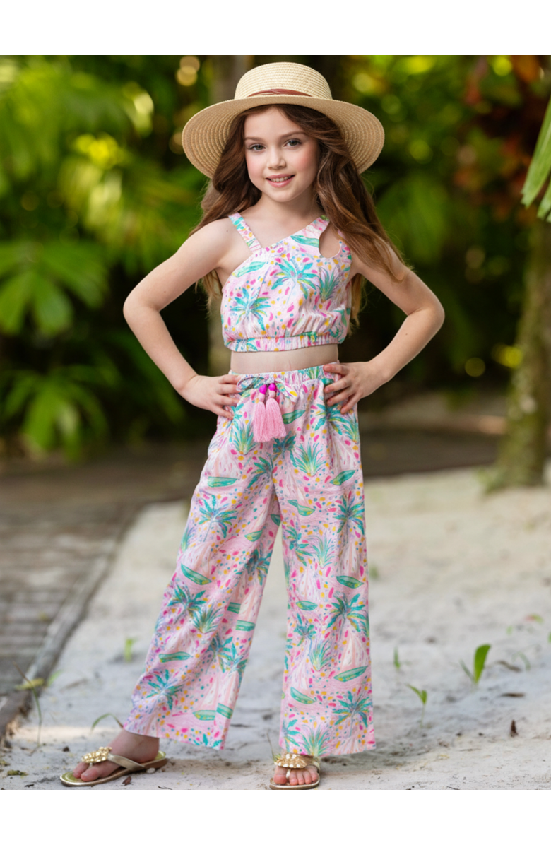 Mia Belle Girls Tropical Paradise One-Shoulder Top and Palazzo Pants Set, Alternate, color, Pink
