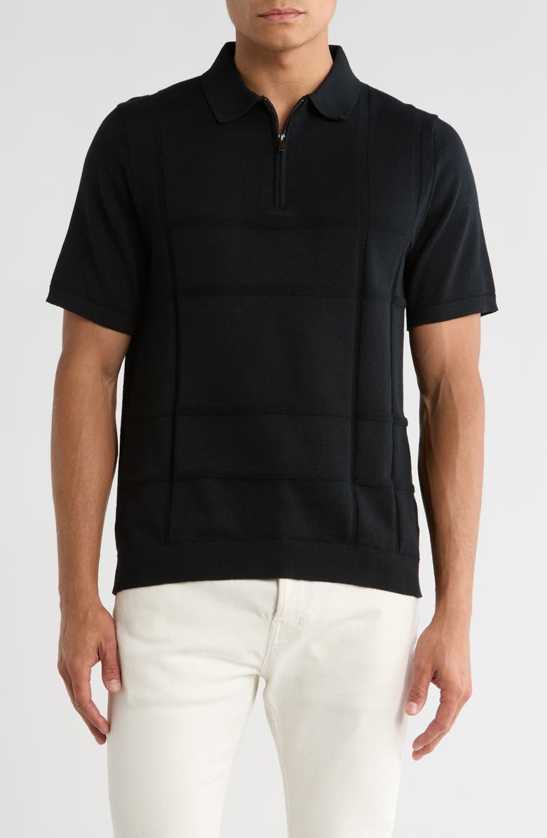 DENIM AND FLOWER Quarter Zip Polo Sweater, Main, color, Black