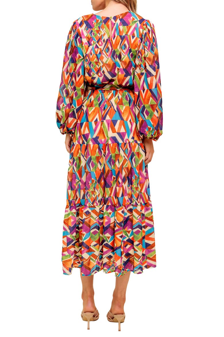 Print Long Sleeve Tiered Midi Dress, Alternate, color, PLUM MATCHA