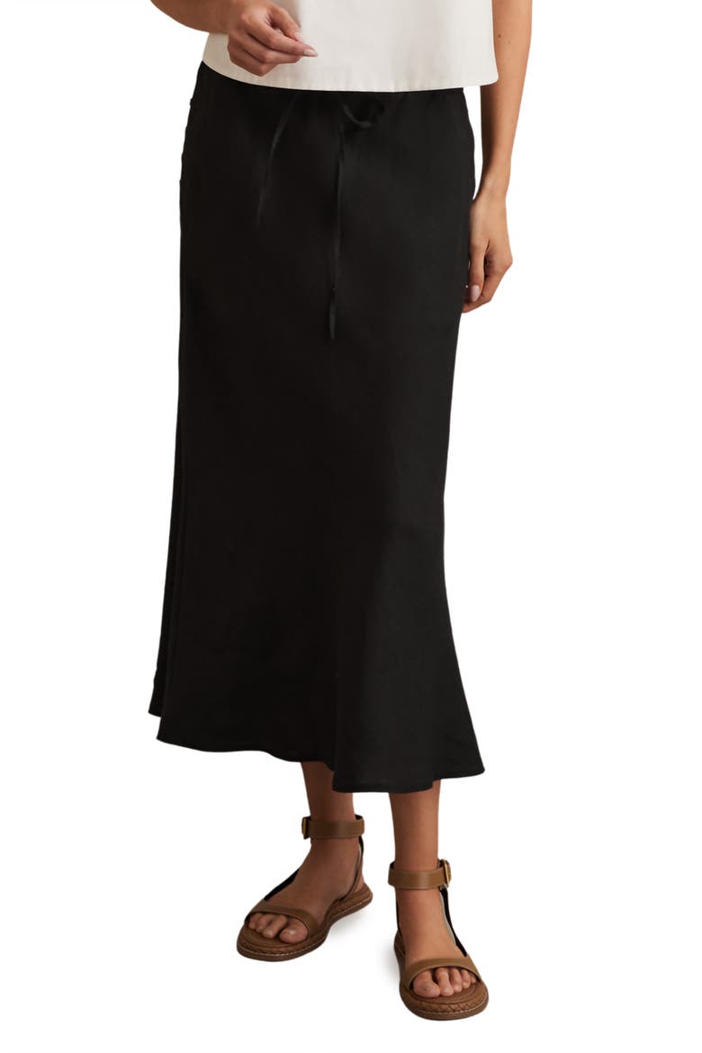 Roxi Drawstring Waist Linen Midi Skirt, Main, color, BLACK
