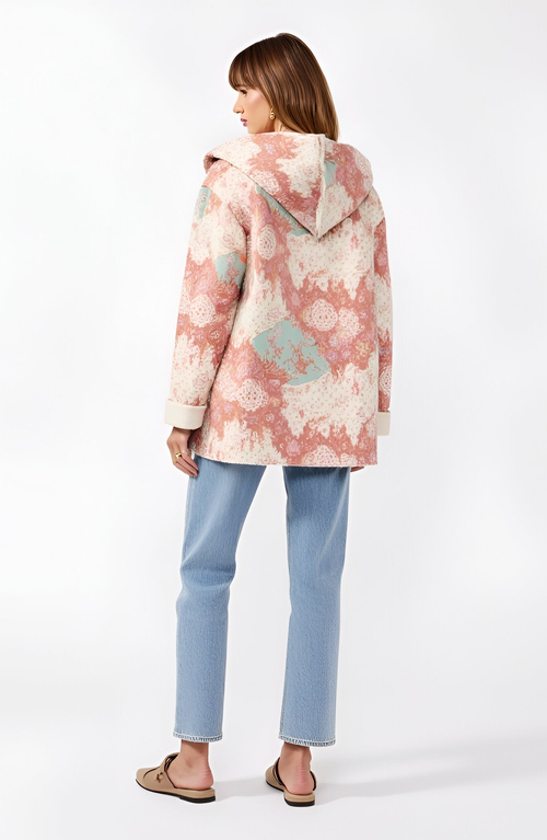Modenaire Floral Patchwork Plush Trim Oversized Hood Fleece Jacket In Pink