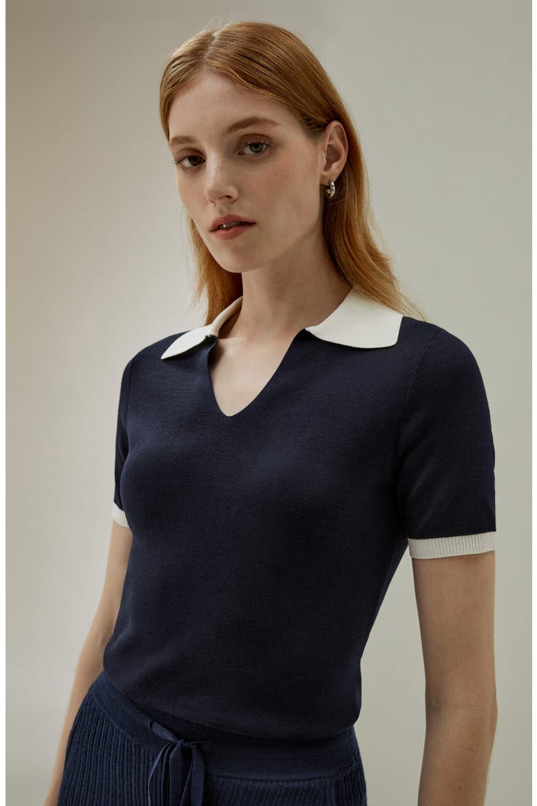 Timeless Mei Silk Knit Polo, Alternate, color, Navy blue