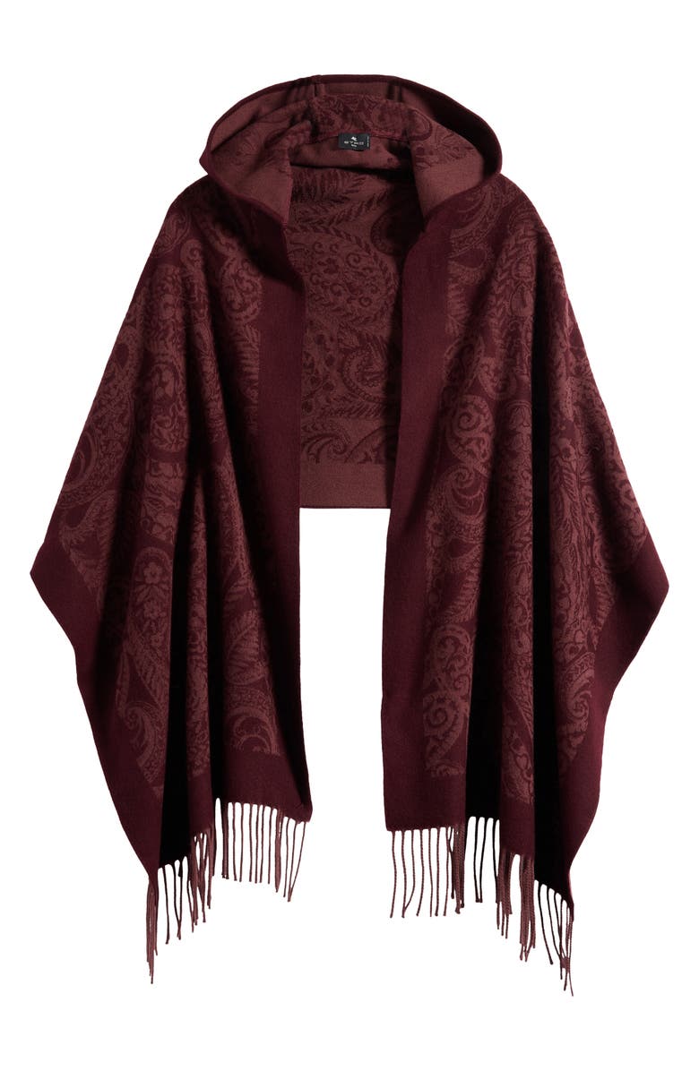 Etro Hooded Wool Paisley Fringe Scarf, Alternate, color, Burgundy